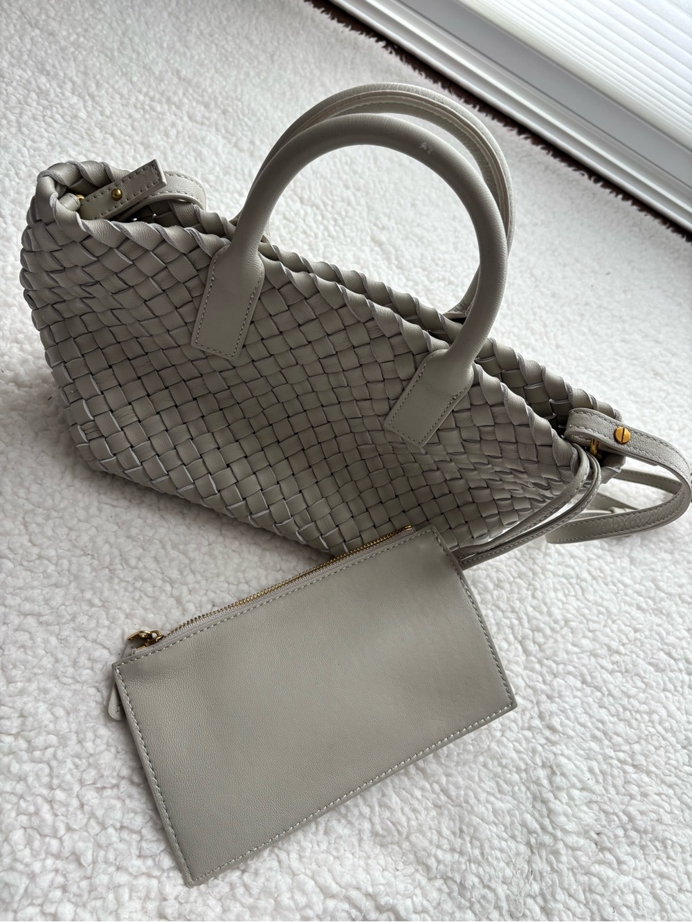 Woven Faux Leather Satchel Light Gray with Detachable Zip Pouch